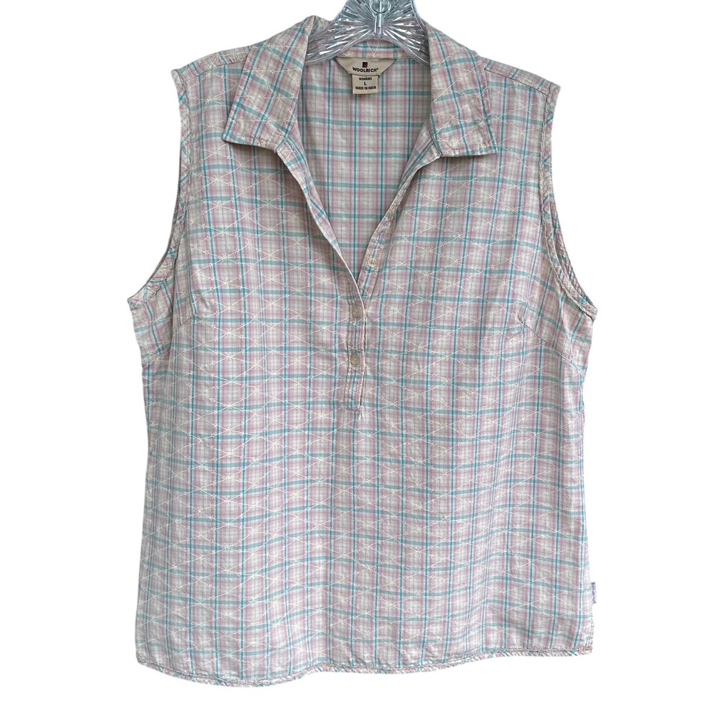 Vintage Woolrich Sleeveless Plaid Button Front Top Pink & Blue‎ Womens Large